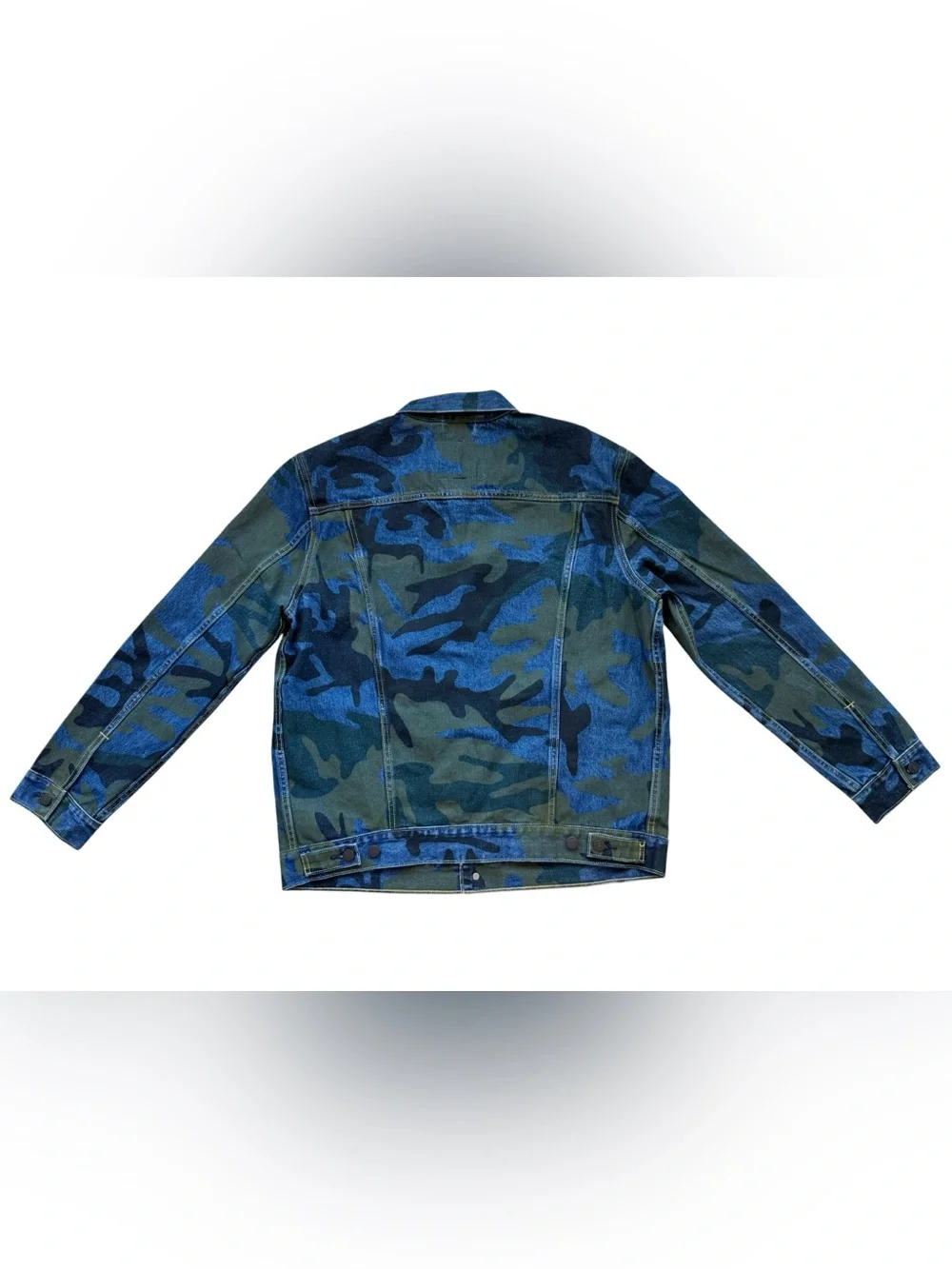 Levis Premium Camo Trucker Denim Jean Jacket Mens XL Blue Green Big E